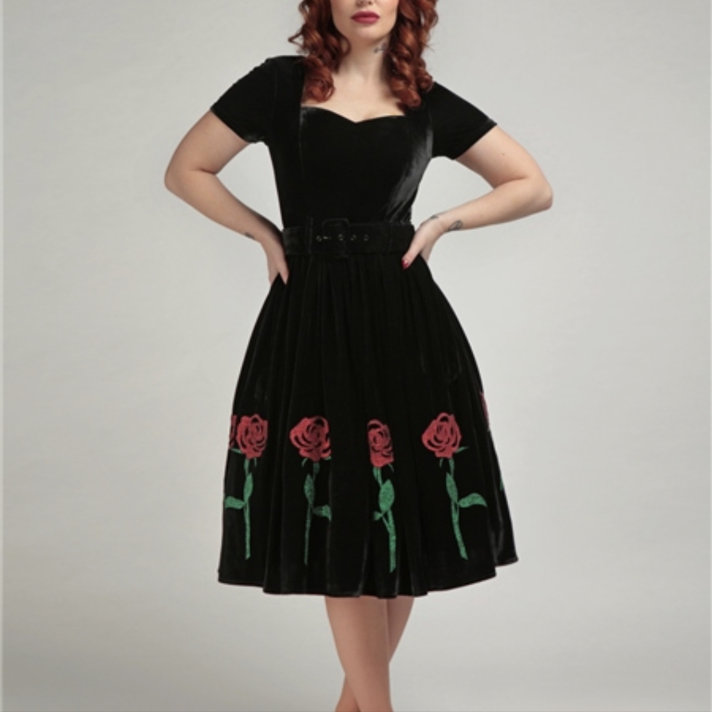 Rose glitter velvet swing dress